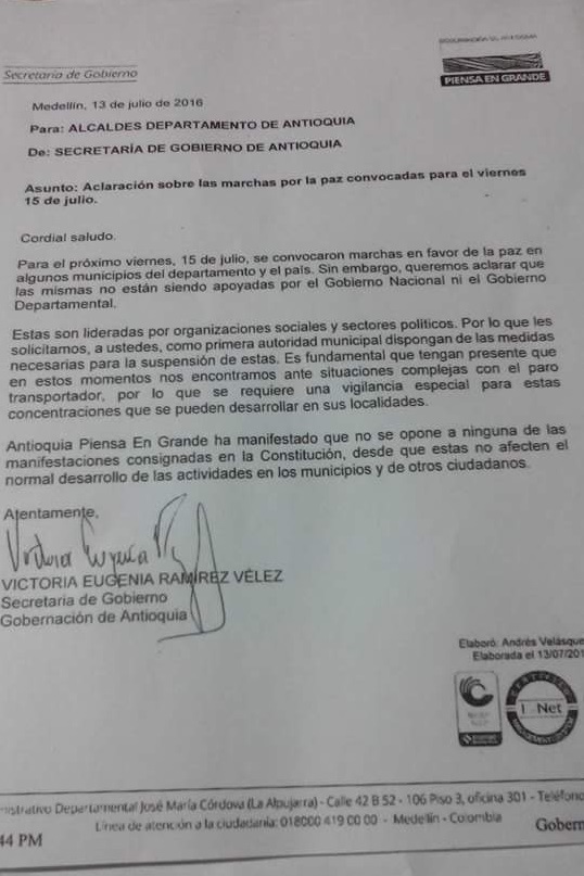 Carta Gobernacion Marcha Paz