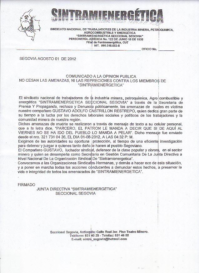 comunicado amenazas sintraminergetica